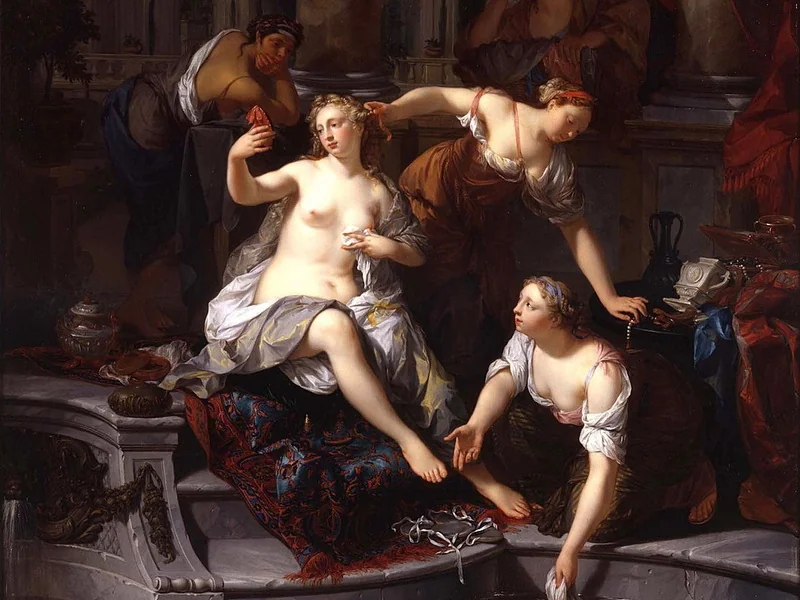1673-Nicolaas Verkolje - Davide, dal balcone del suo palazzo, vede Betsabea che fa il bagno